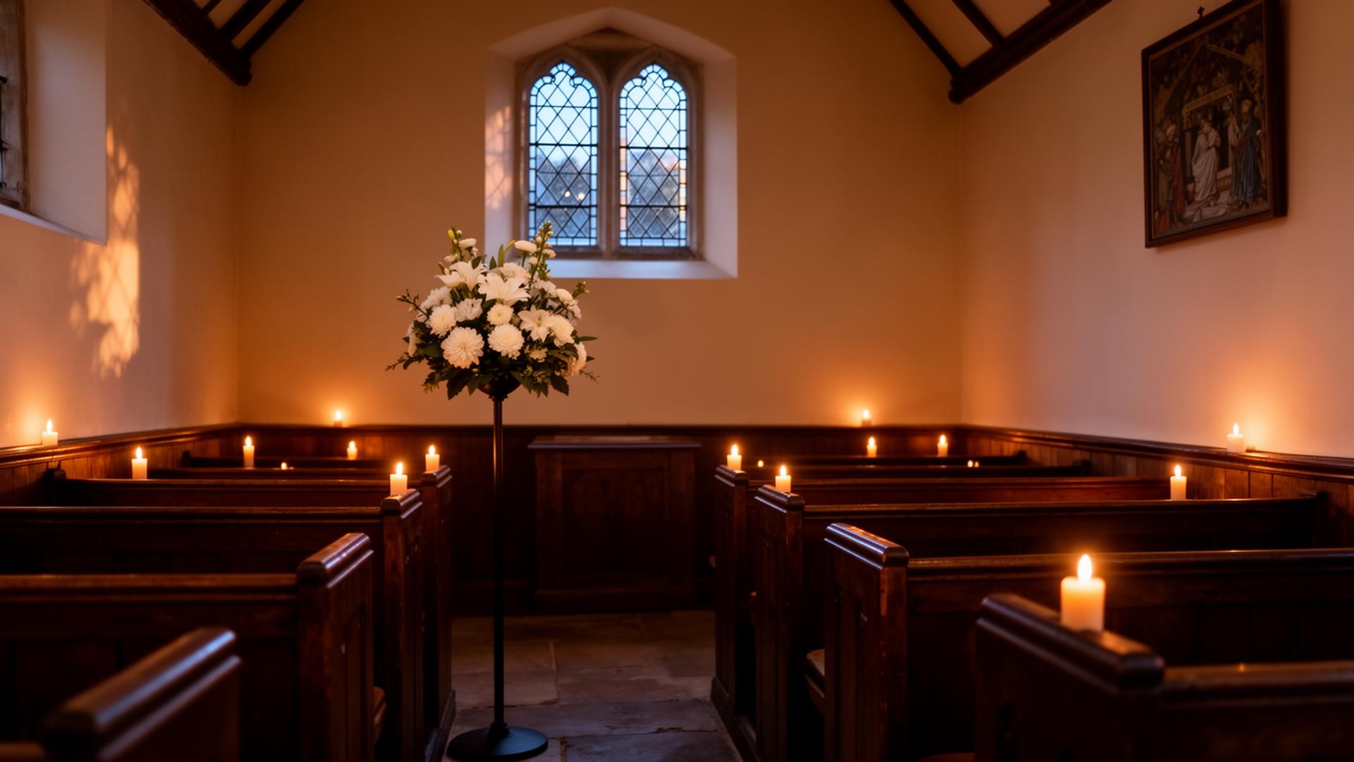 The Chapel of Rest interior — candles, dark wood, soft window light