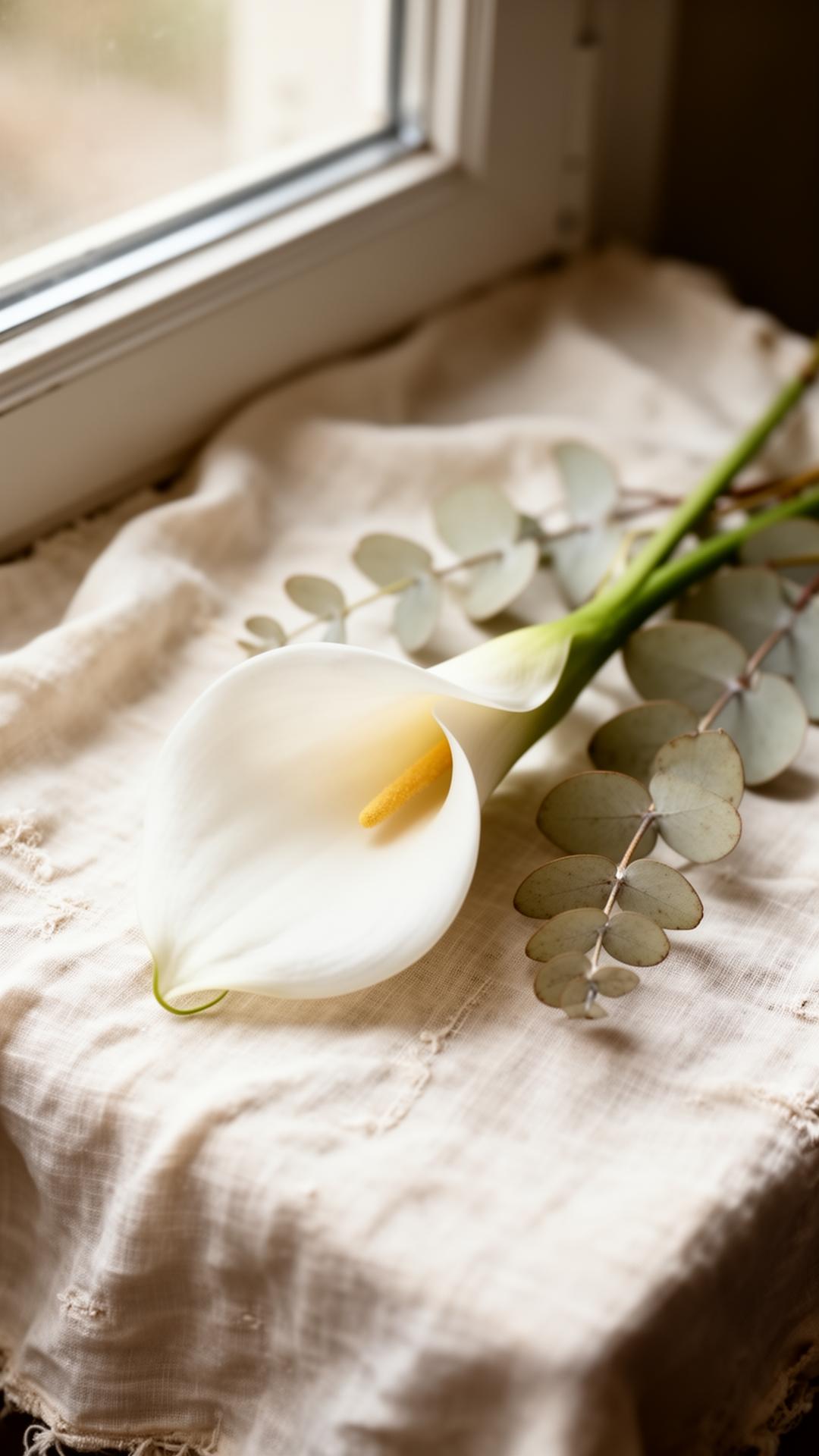 A single white calla lily resting on linen